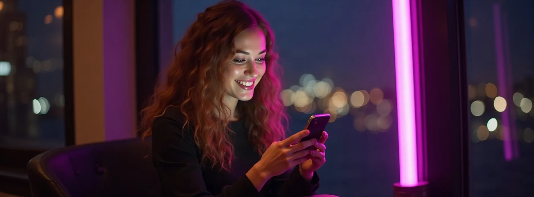 Femme souriant à son téléphone la nuit